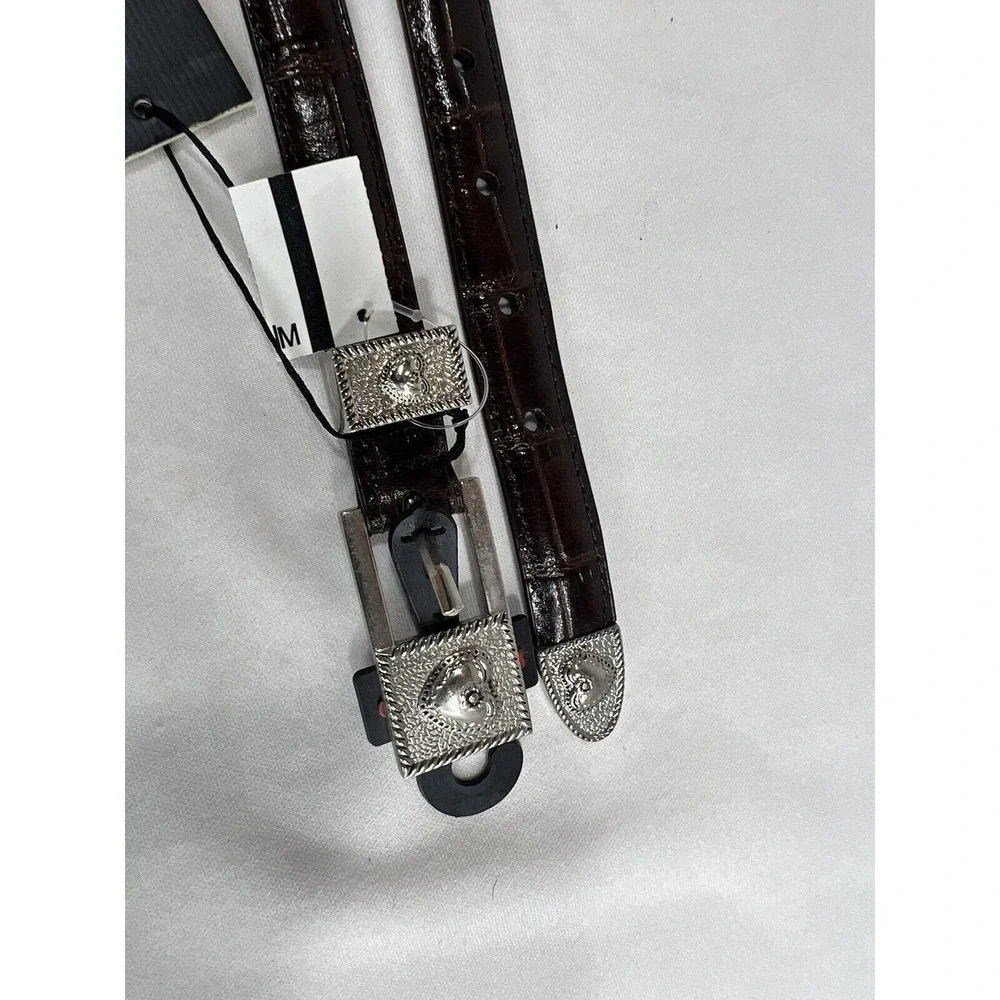 Mak Chantal Skinny Belt Womens L‎ Brown Leather Western Silver Buckle New
